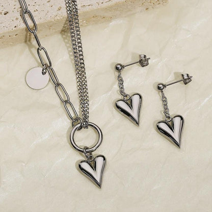 Titanium Steel Heart Necklace and Drop Earrings Jewelry Set