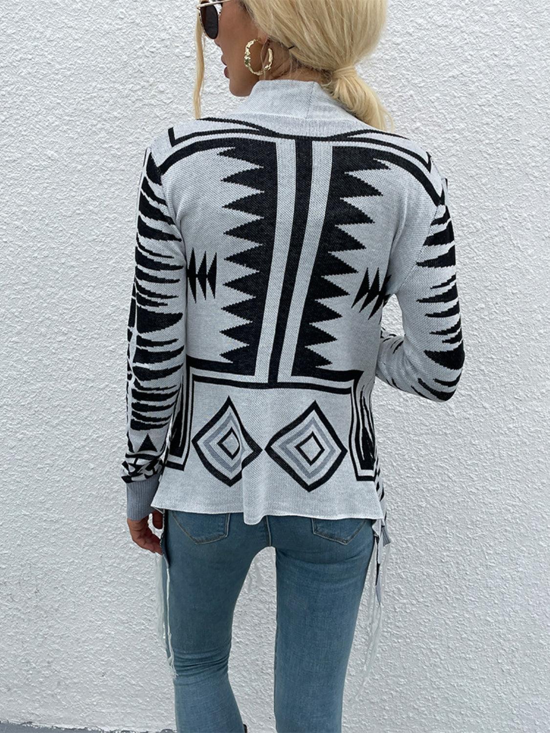 Shiny Geometric Fringe Hem Open Front Cardigan