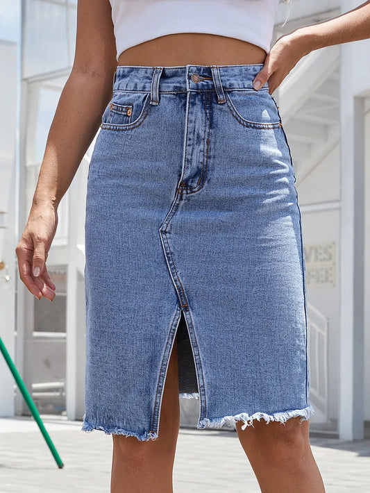 Raw Hem Slit Denim Skirt Carauana Store