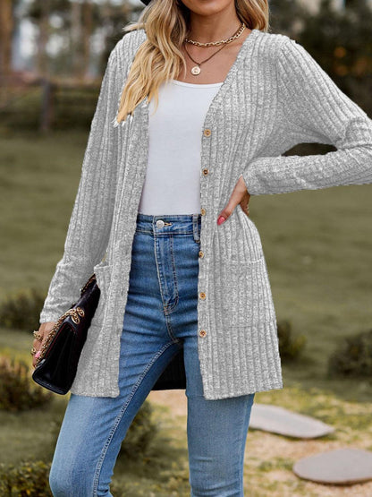 Ribbed Button Up Long Sleeve Cardigan