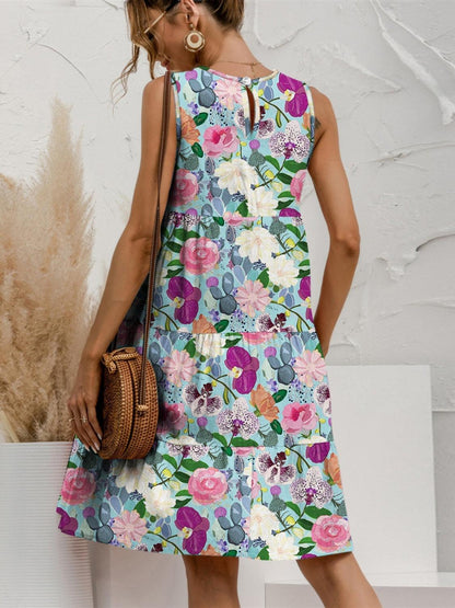 Printed Round Neck Sleeveless Tiered Dress