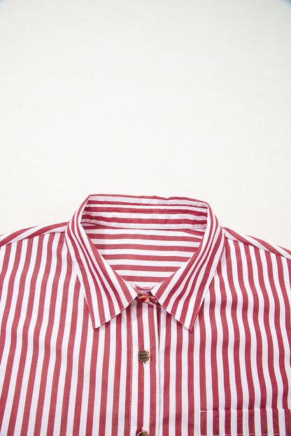 Red Stripe Patched Pocket Side Slit Loose Shirt