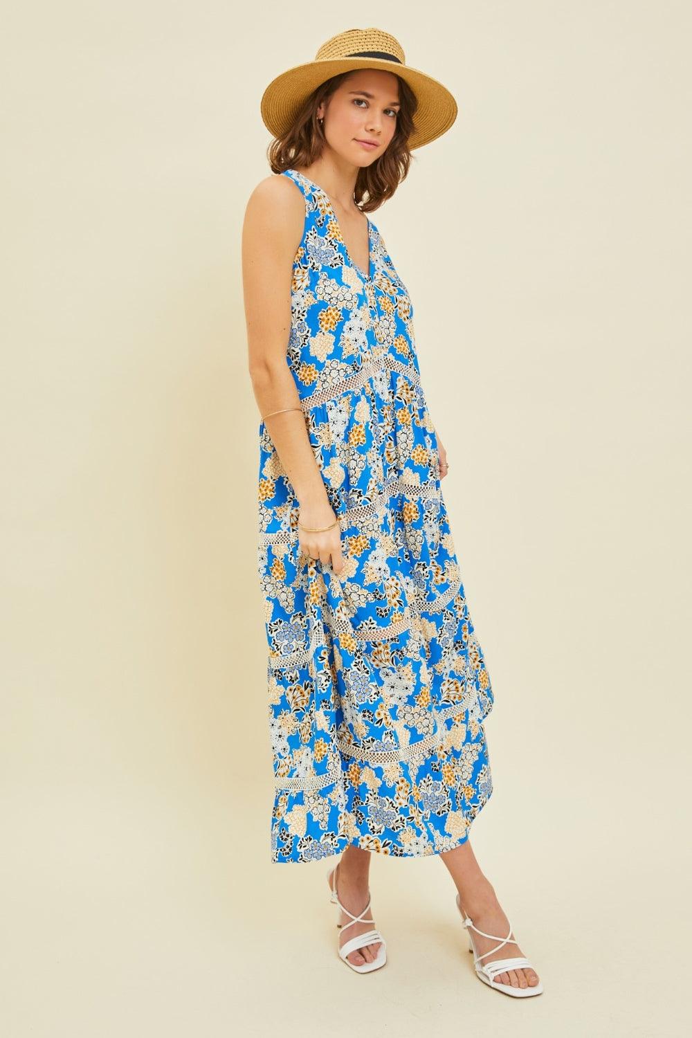 HEYSON Full Size Printed Crochet Trim Maxi Dress