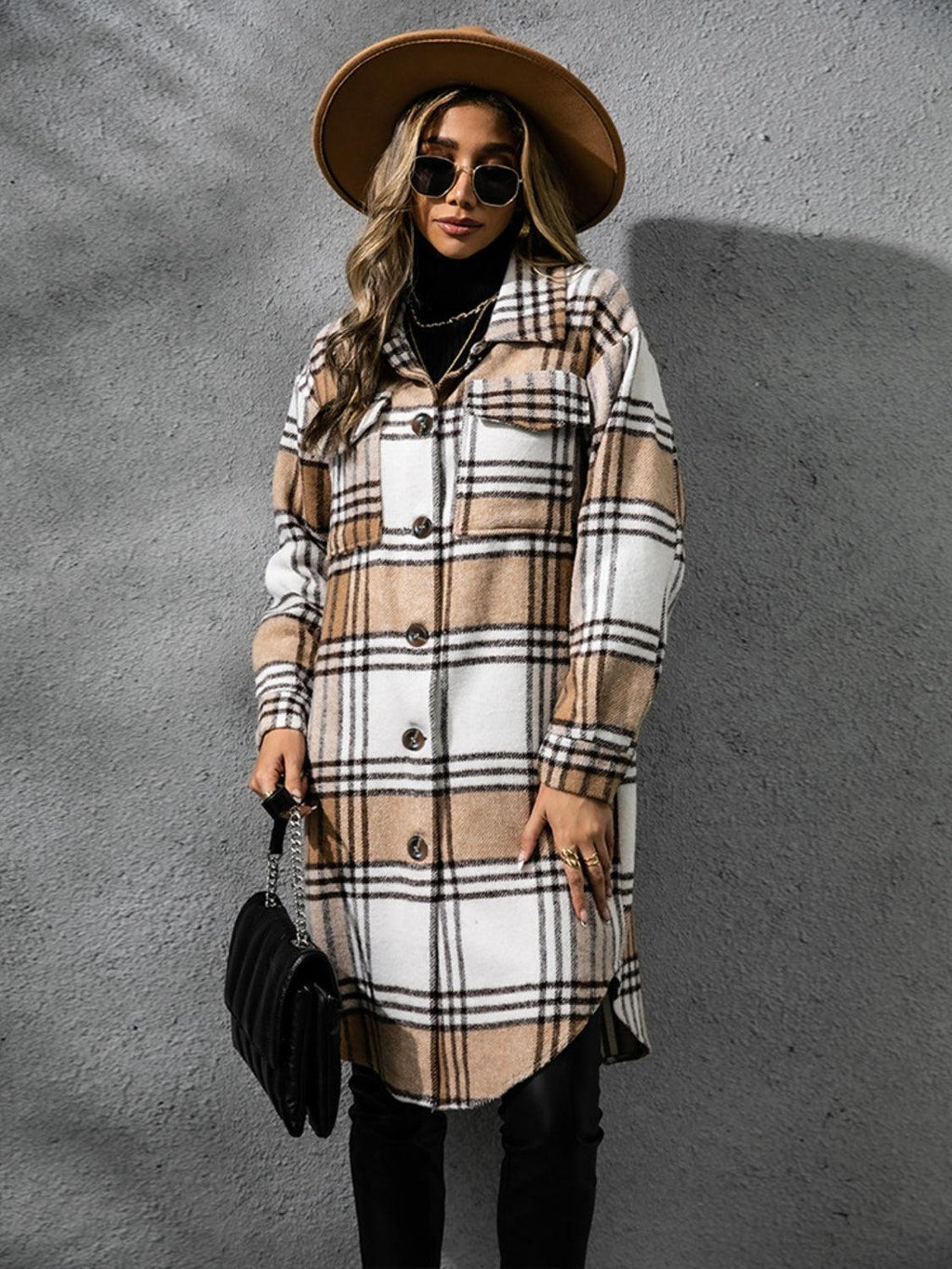 Plaid Collared Neck Long Sleeve Coat Carauana Store