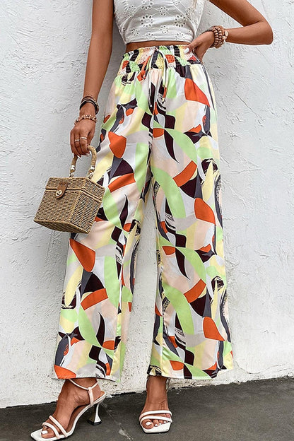 Printed Smocked Waist Wide Leg Pants