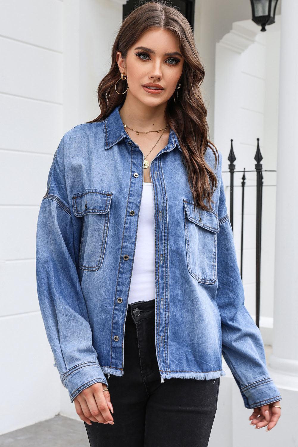 Raw Hem Pocketed Collared Neck Denim Jacket