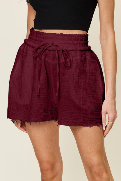 Double Take Full Size Texture Raw Trim Drawstring Shorts