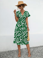 Printed V-Neck Short Sleeve Dress Carauana Store