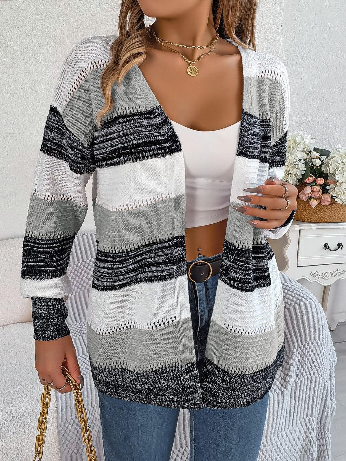 Openwork Striped Open Front Cardigan