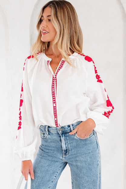 White Floral Embroidered Puff Long Sleeve Casual Shirt