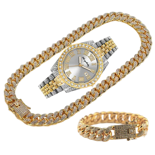 Gold and silver watch with diamond-studded chain