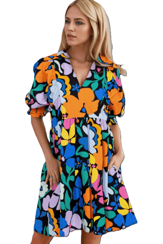 Printed Johnny Collar Half Sleeve Mini Dress